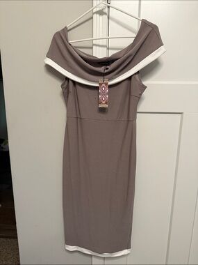 Boohoo Taupe One-Shoulder Dress with White Trim